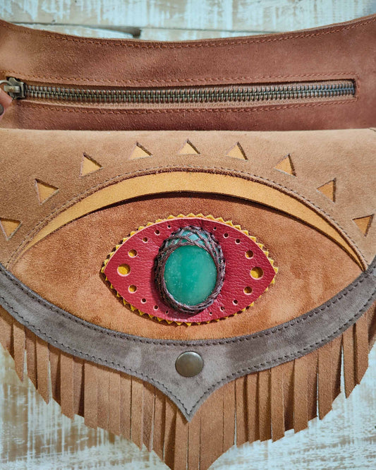 Bohonito Omara Brown Leather Belt Bag with honey Ajna Chakra Fringe Flap and Aventurine Stone