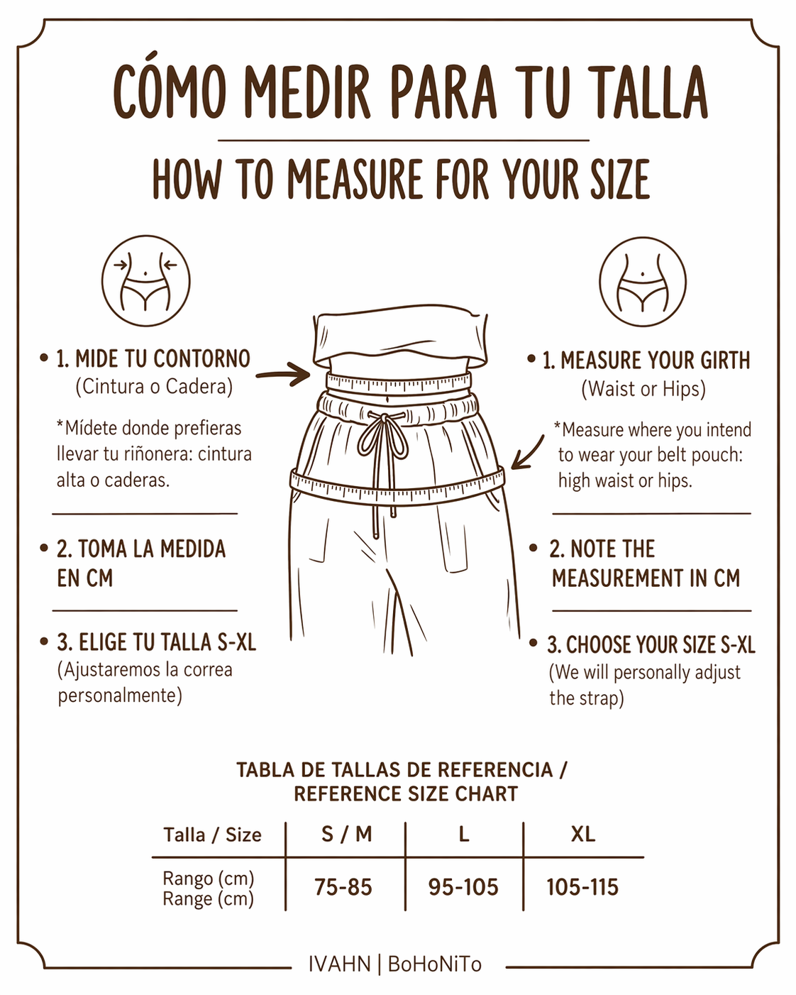 Bohonito size chart and guide: How to measure for your belt bag. Shows waist and hip measurement points with a reference table for sizes S/M to XL.