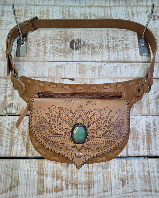 Artisan leather belt bag by Bohonito, featuring hand-crafted pyrography on premium Natural oiled leather with aventurine stone.