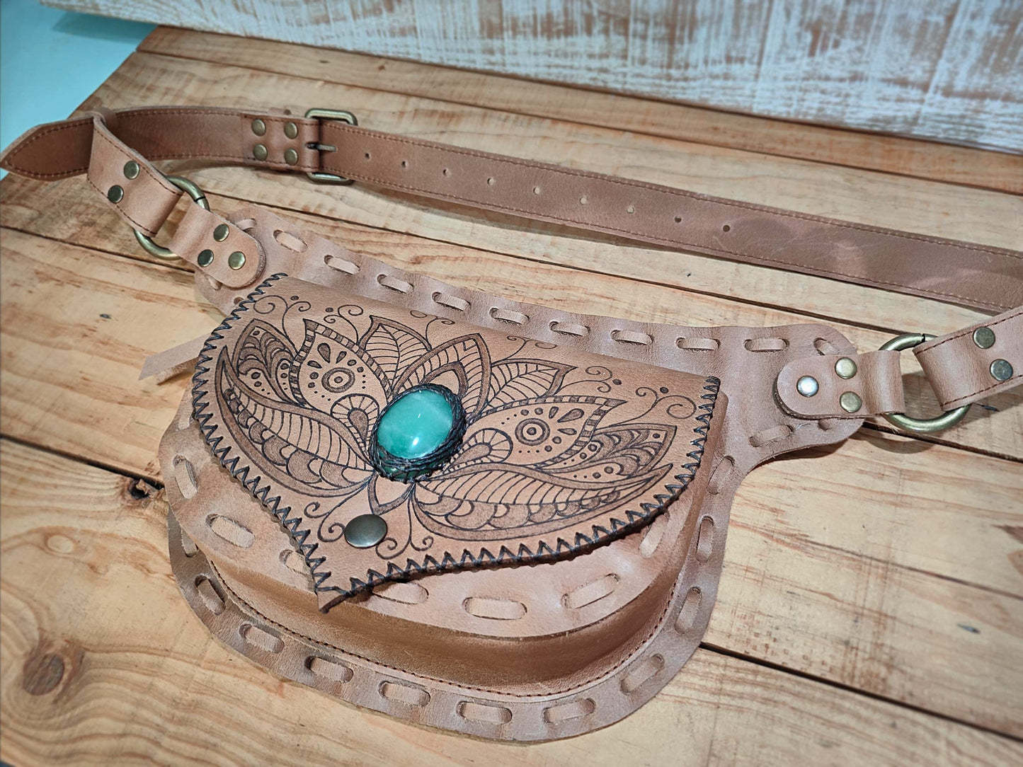 Festival style with artisan leather belt bag by Bohonito, featuring hand-crafted henna pyrography on premium Natural oiled leather and aventurine.