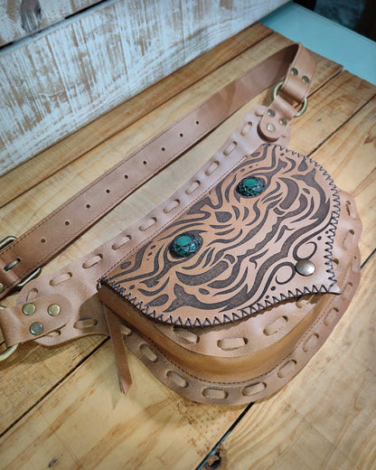 Gautxa waist bag in tan oiled leather featuring an interchangeable hand-finished guardian flap with aventurines stones.
