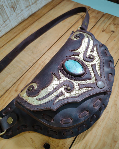 Mini Gautxa waist bag in brown sprinter leather featuring a tribal pattern and  natural snake skin agate.