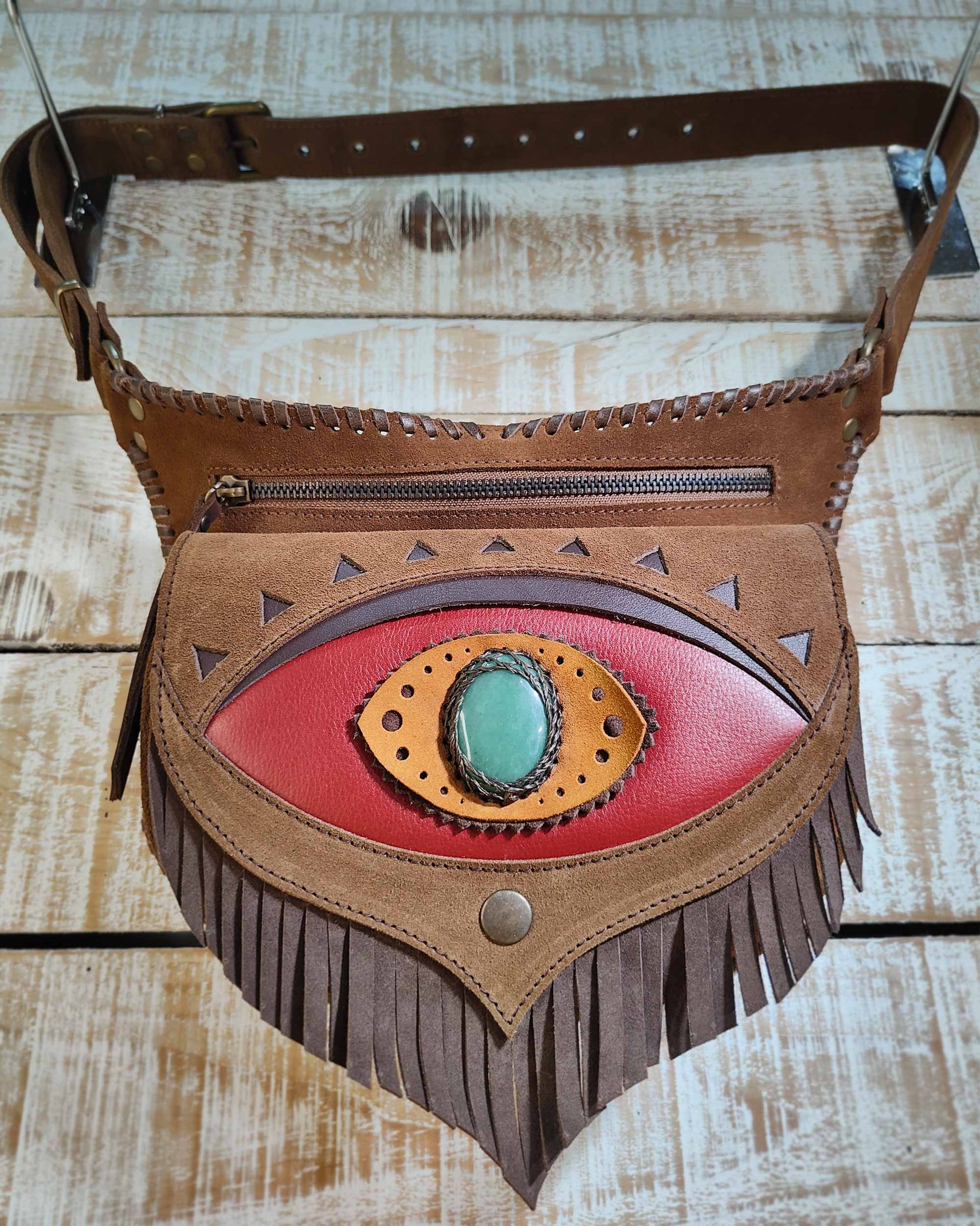 Bohonito Omara Brown Leather Belt Bag with Red Ajna Chakra Fringe Flap and Aventurine Stone.
