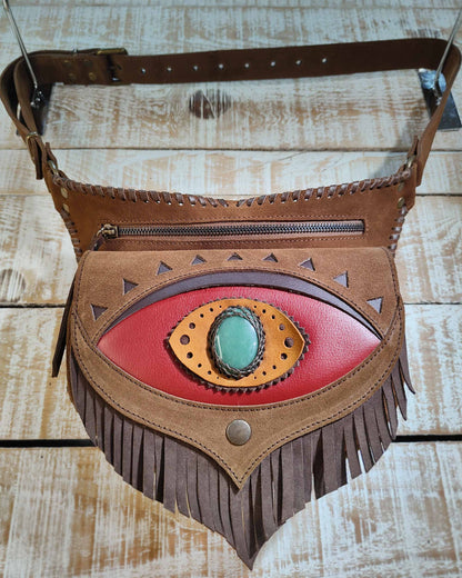 Bohonito Omara Brown Leather Belt Bag with Red Ajna Chakra Fringe Flap and Aventurine Stone.
