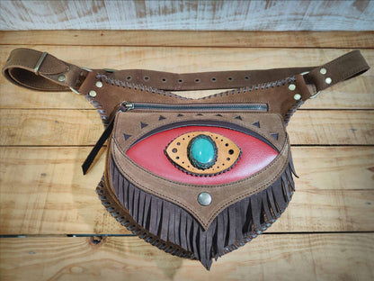 Omara brown leather waist bag with a fringed red flap, aventurine inlay, and decorative hand-laced borders.