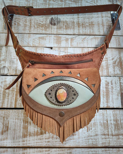 Bohonito leather festival belt bag in seafoam and brown, mystical Ajna chakra with polychrome jasper stone, and hand-laced finish.