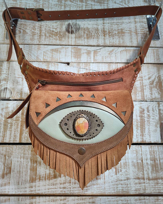 Bohonito leather festival belt bag in seafoam and brown, mystical Ajna chakra with polychrome jasper stone, and hand-laced finish.