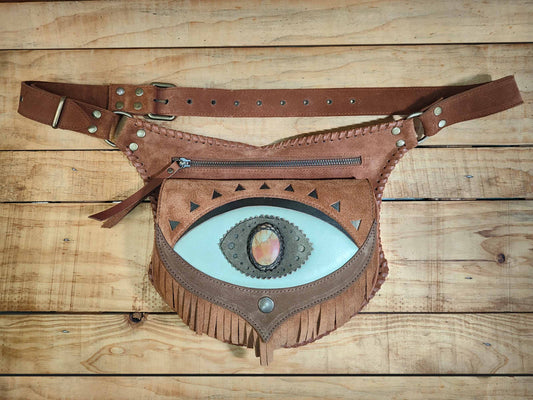 Bohonito Omara brown leather belt bag with a seafoam green fringe flap Ajna Chakra design with polychrome jasper and hand-laced edges