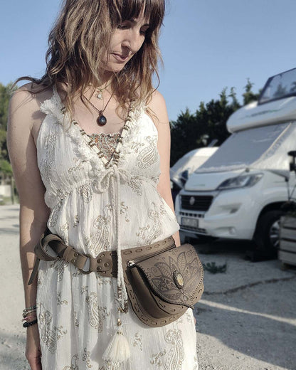 Bohonito Gautxa kaki nubuck leather belt bag with handmade henna pyrography and Picasso Jasper stone