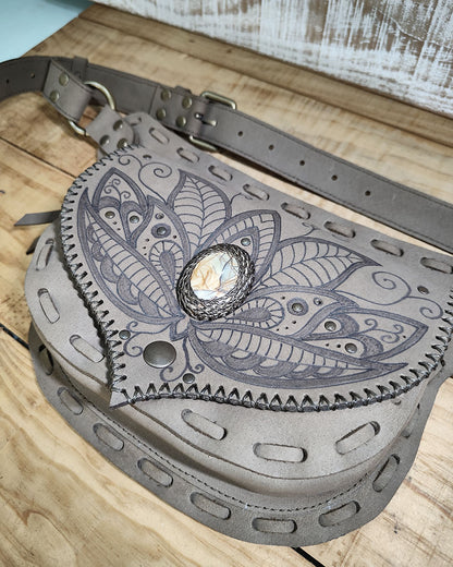 Artisan leather belt bag by Bohonito, featuring hand-crafted pyrography on premium Kaki Nubuck with picasso jasper stone.