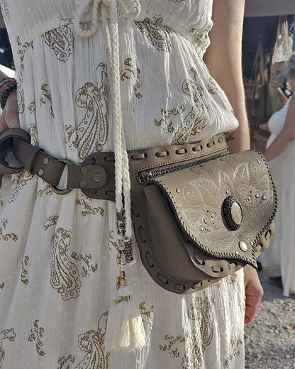 Unique Picasso Jasper stone on a Kaki leather waist bag with artisanal henna-inspired detailing by Bohonito.