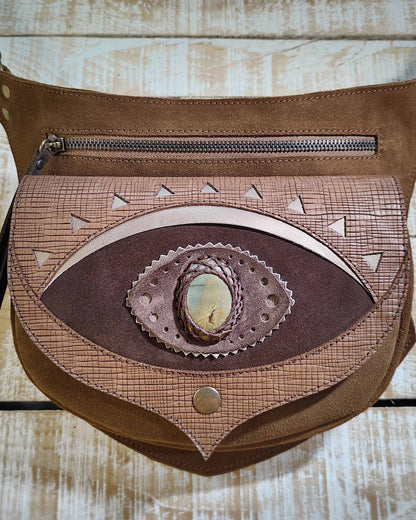 Bohonito omara brown leather belt bag with testa third eye and Polychrome Jasper