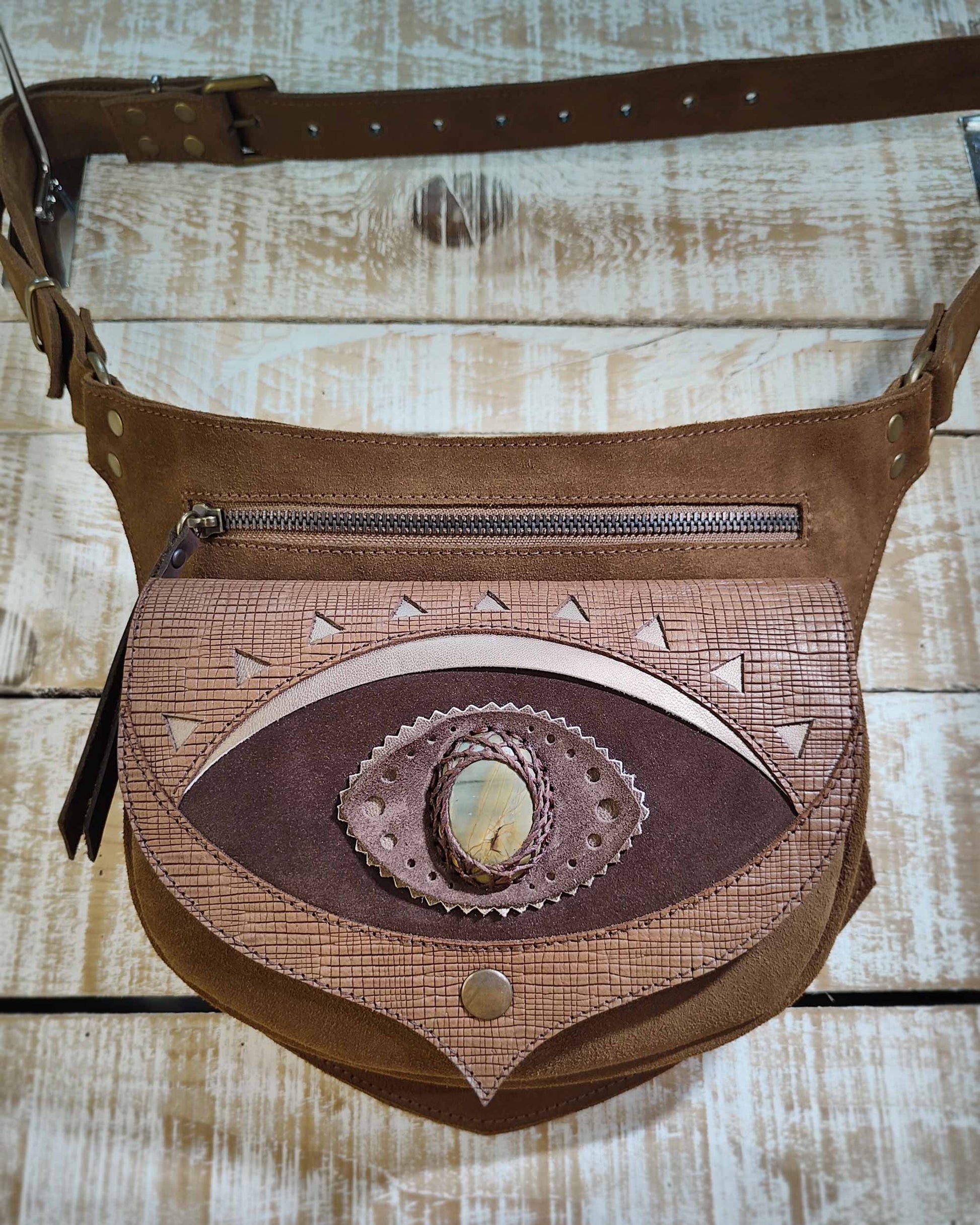 Bohonito omara brown leather belt bag with testa Ajna Chakra and Polychrome Jasper