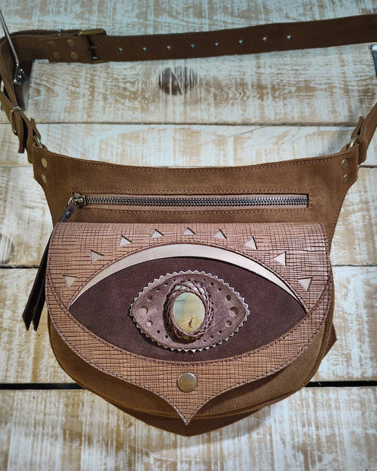 Bohonito omara brown leather belt bag with testa Ajna Chakra and Polychrome Jasper