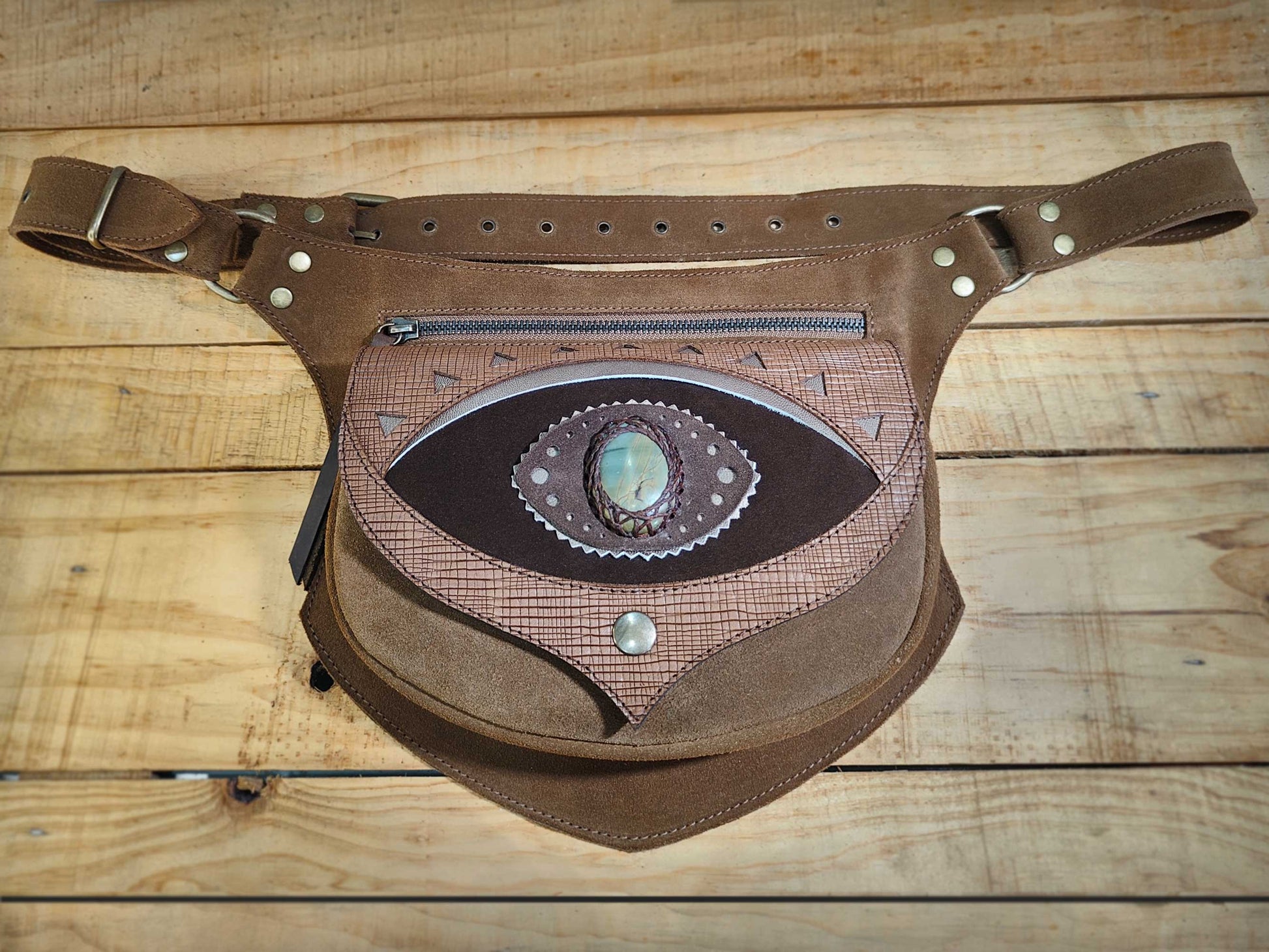 Bohonito omara brown leather belt bag with testa Ajna Chakra with Polychrome Jasper and customizable
