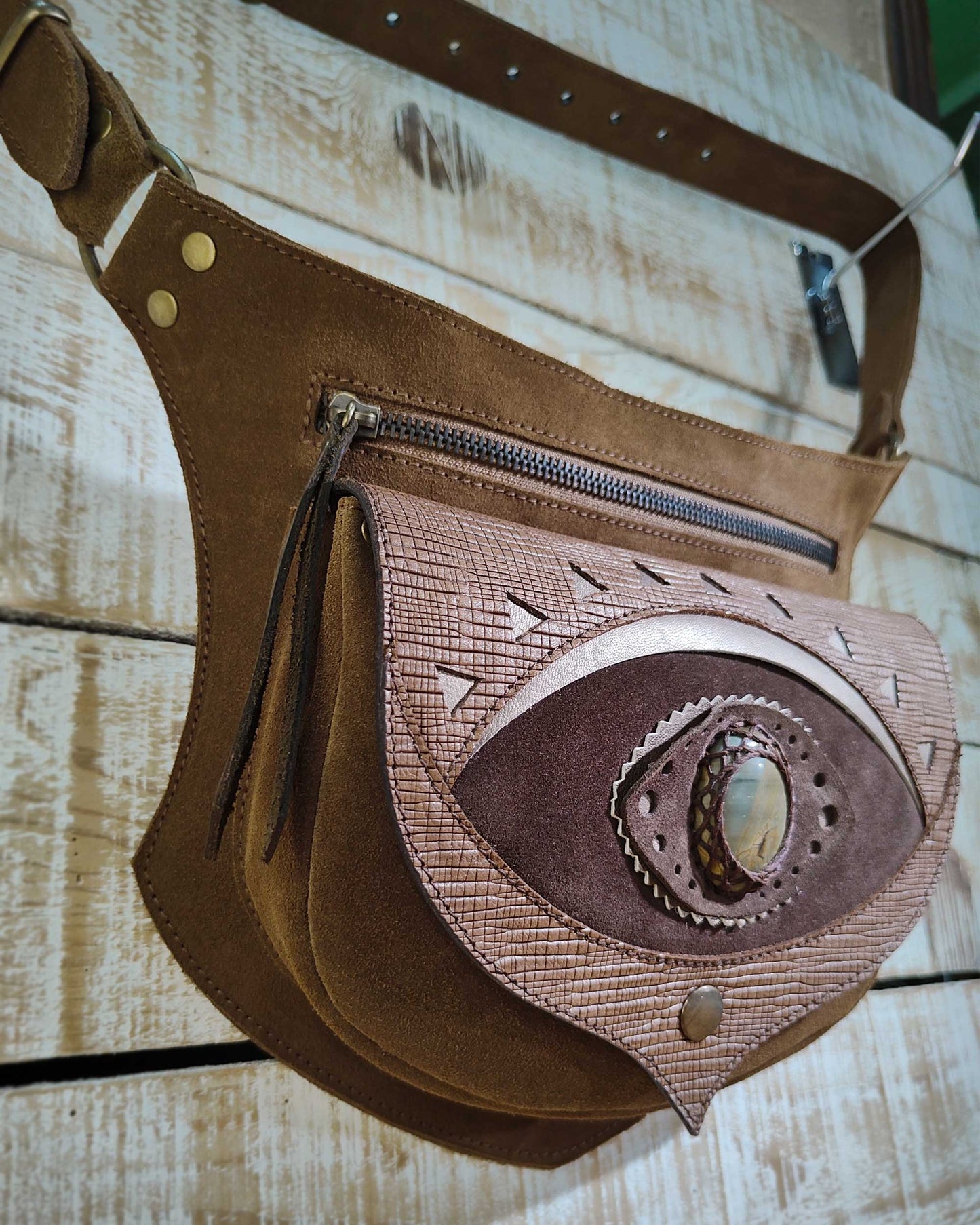 Bohonito omara tobacco leather belt bag with brown Ajna Chakra and Polychrome Jasper