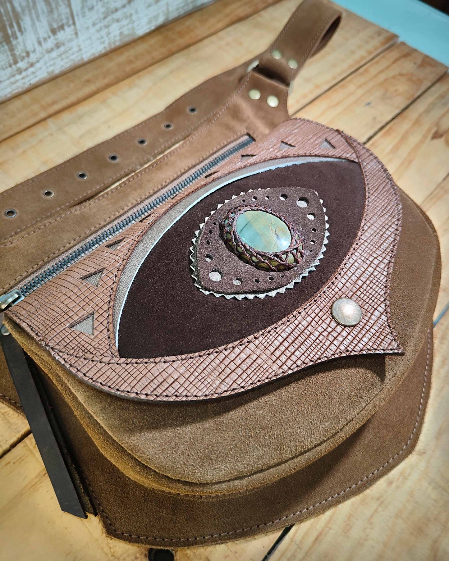 Bohonito Omara brown leather waist bag with testa Ajna Chakra and Polychrome Jasper