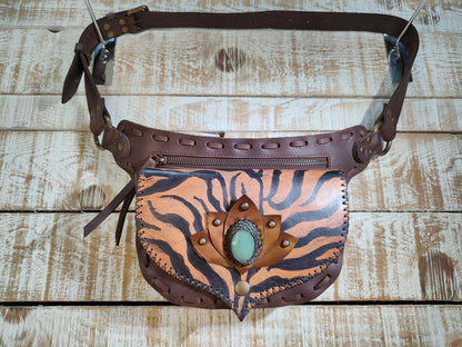 Bohonito gautxa waist bag handcrafted in premium brown buffalo leather with an artistic lotus tiger motif and aventurine stone.