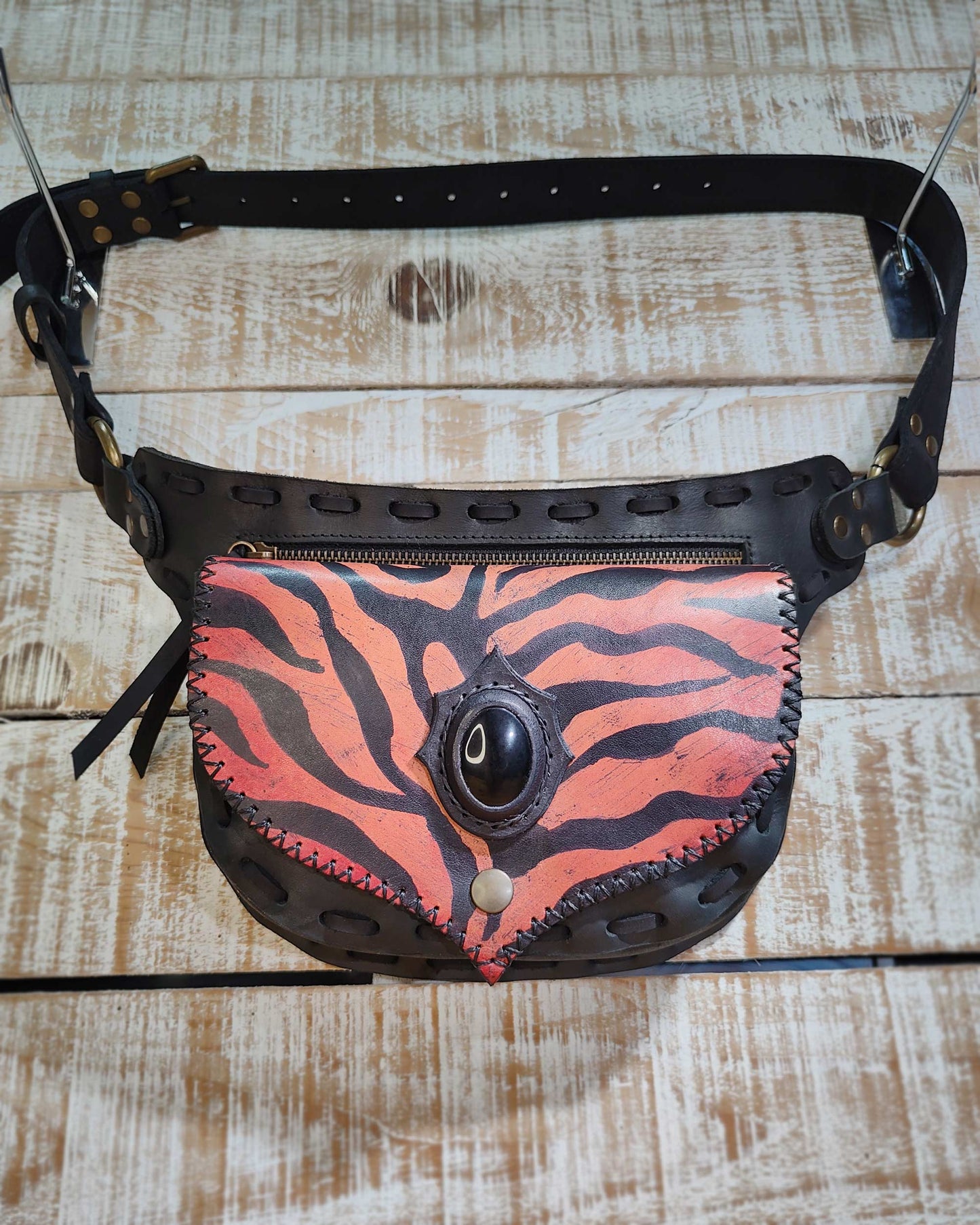 Bohonito Gautxa waist bag handcrafted in premium Black Sprinter leather with a bold Red Tiger motif and Obsidian stone.