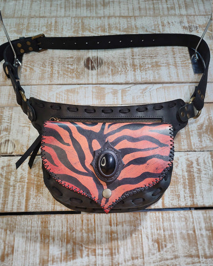 Bohonito Gautxa waist bag handcrafted in premium Black Sprinter leather with a bold Red Tiger motif and Obsidian stone.