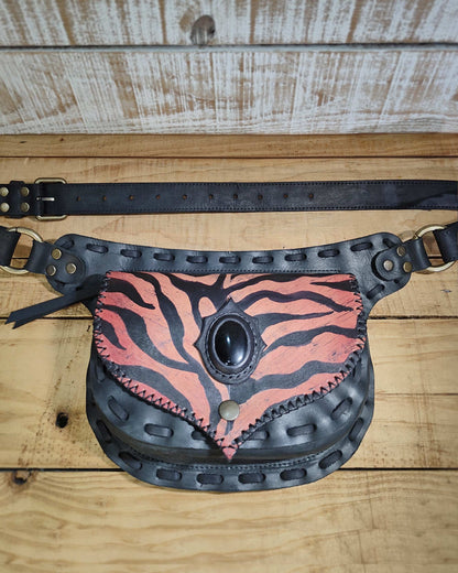 Handcrafted Bohonito waist bag designed as a powerful talisman with a red tiger motif and a natural obsidian stone.