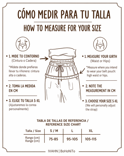 Bohonito size chart and guide: How to measure for your belt bag. Shows waist and hip measurement points with a reference table for sizes S/M to XL.