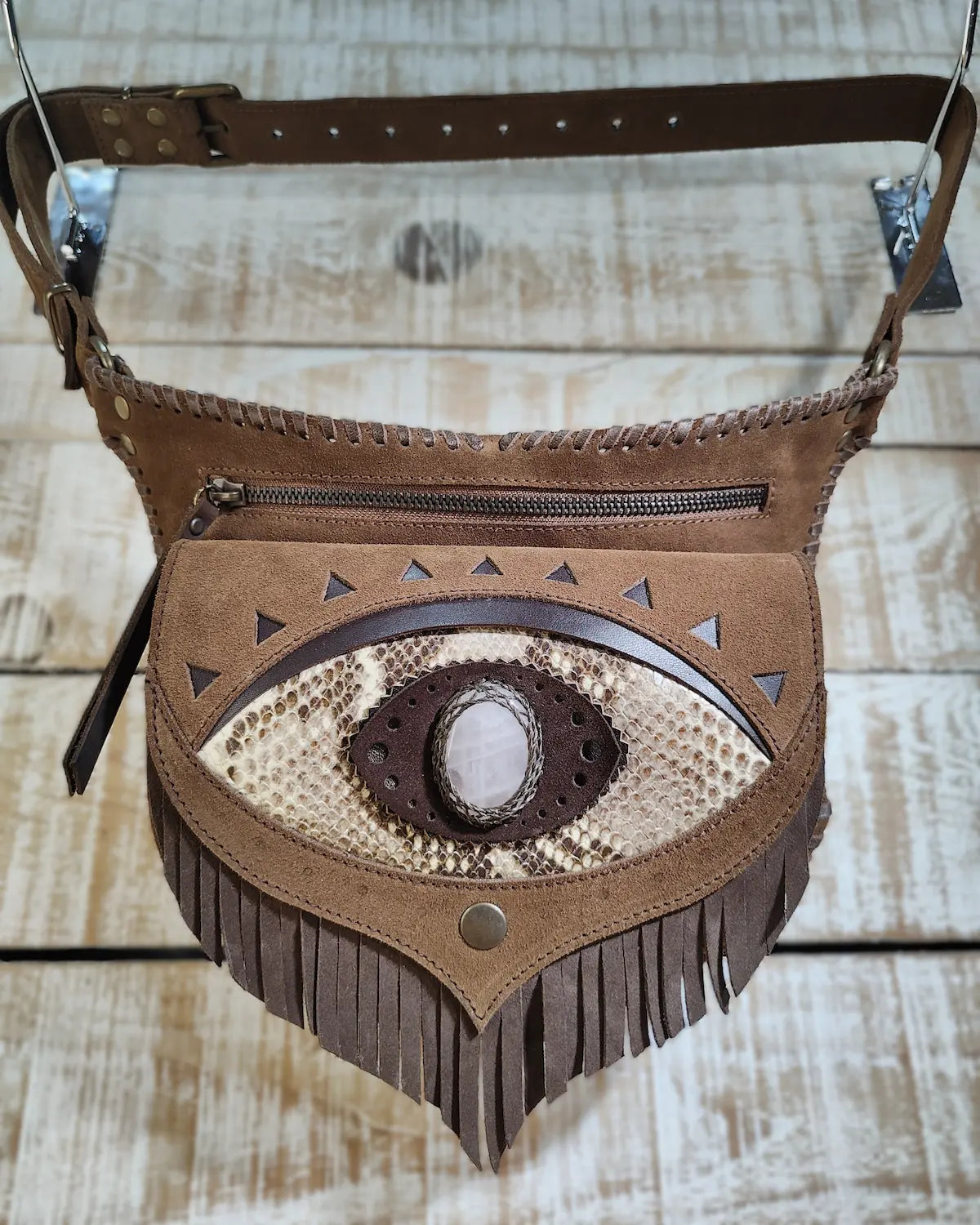 Bohonito Omara Brown Leather Belt Bag with Snake Ajna Chakra Eye Fringe Flap and Rose Quartz Stone						