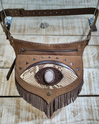 Bohonito Omara Brown Leather Belt Bag with Snake Ajna Chakra Eye Fringe Flap and Rose Quartz Stone						